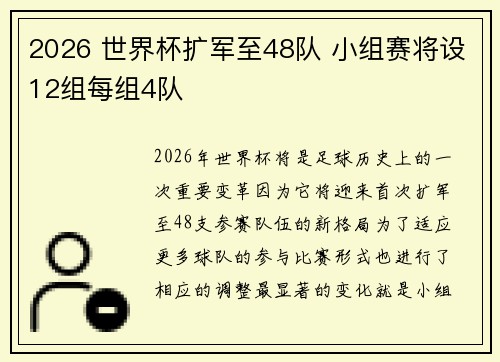 2026 世界杯扩军至48队 小组赛将设12组每组4队